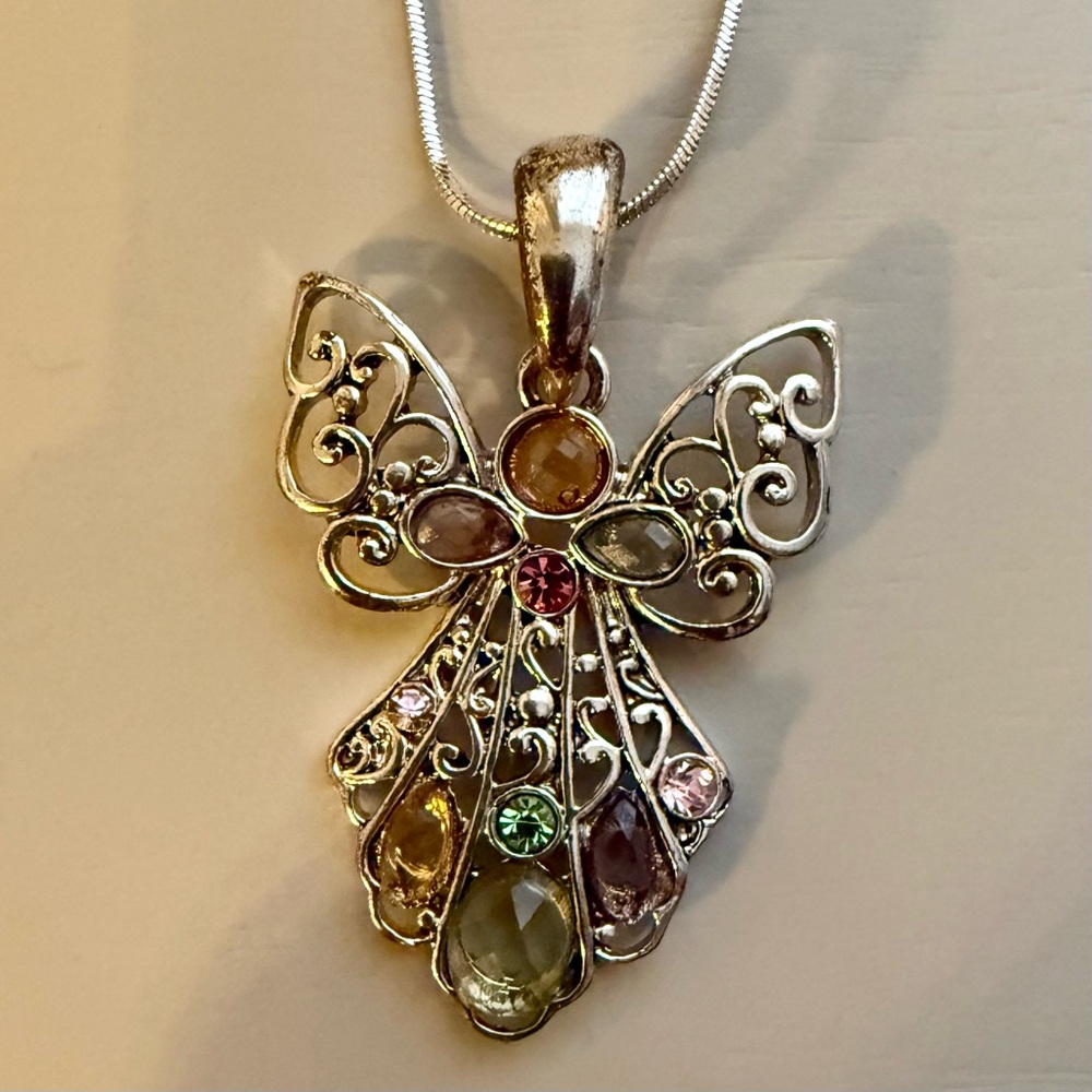 Guardian Angel Fairy Whimsical Silver Gem Pendant Necklace Rainbow Spiritual